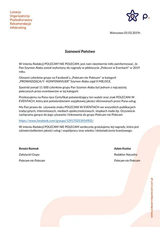 Skan listu z 5 marca 2019: Szymon Alaba, II miejsce w plebiscycie Polecani w Eventach